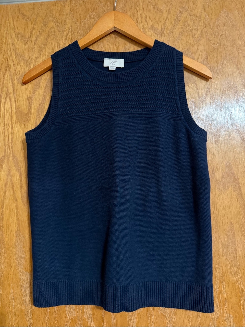 LOFT Navy Sleeveless Crewneck Textured-Yoke Sweater